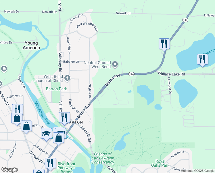 map of restaurants, bars, coffee shops, grocery stores, and more near 2135 Rainbow Lake Lane in West Bend