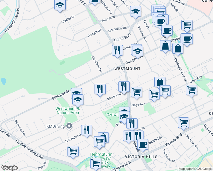 map of restaurants, bars, coffee shops, grocery stores, and more near 60 Inwood Crescent in Kitchener