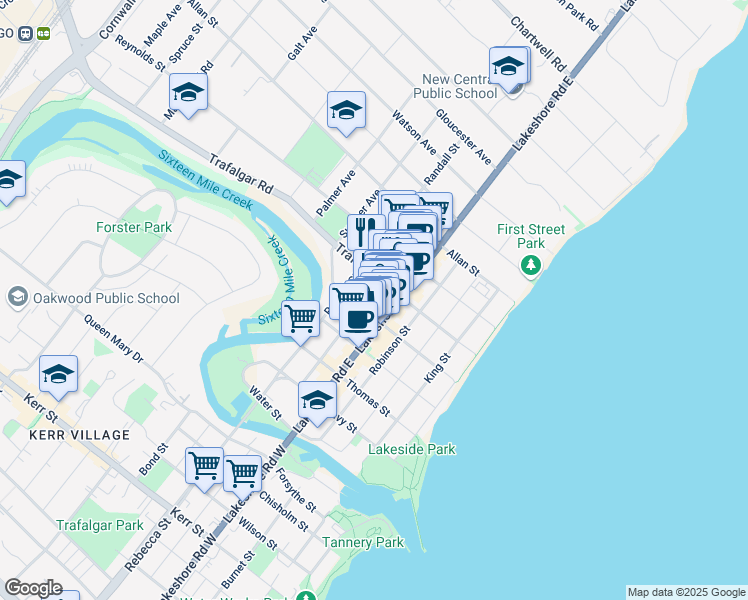 map of restaurants, bars, coffee shops, grocery stores, and more near in Oakville