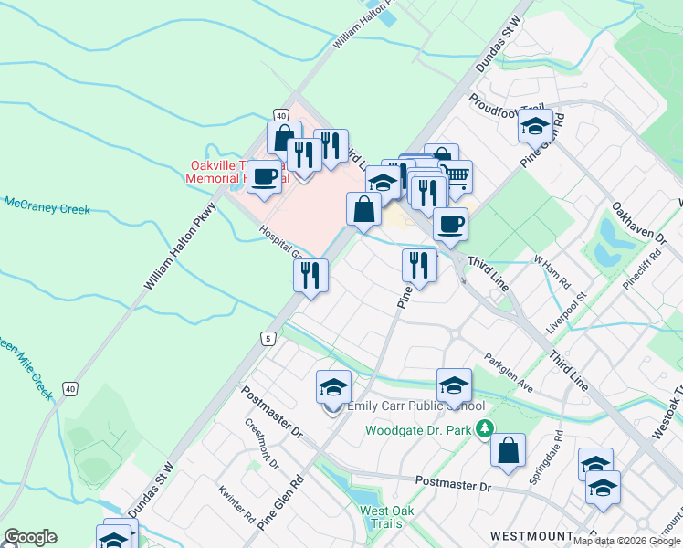 map of restaurants, bars, coffee shops, grocery stores, and more near 2303 Whistling Springs Crescent in Oakville