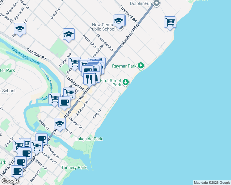 map of restaurants, bars, coffee shops, grocery stores, and more near 13 Allan Street in Oakville
