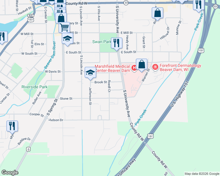 map of restaurants, bars, coffee shops, grocery stores, and more near 400 Stark Street in Beaver Dam