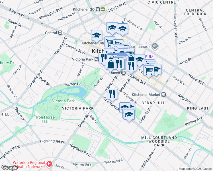 map of restaurants, bars, coffee shops, grocery stores, and more near 202 Queen Street South in Kitchener