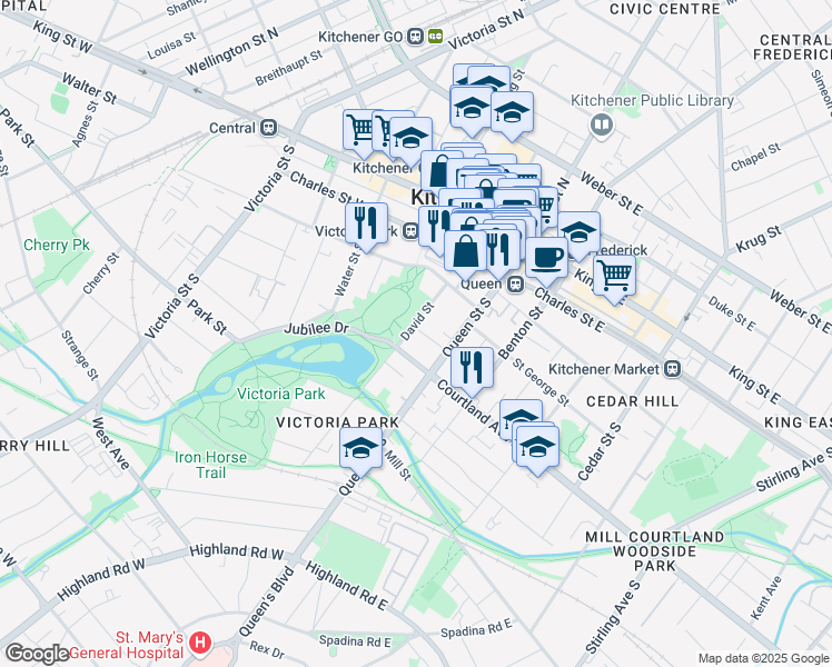 map of restaurants, bars, coffee shops, grocery stores, and more near in Kitchener