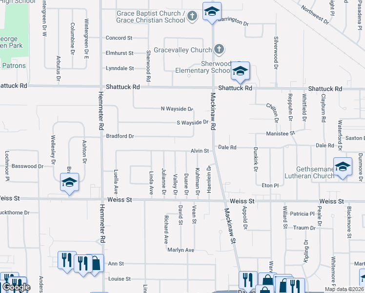 map of restaurants, bars, coffee shops, grocery stores, and more near 4159 Bradford Drive in Saginaw