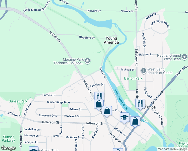map of restaurants, bars, coffee shops, grocery stores, and more near 2040 Woodlawn Avenue in West Bend