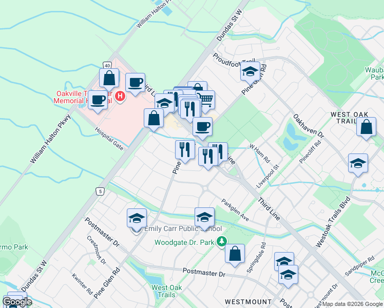 map of restaurants, bars, coffee shops, grocery stores, and more near 2036 Redstone Crescent in Oakville