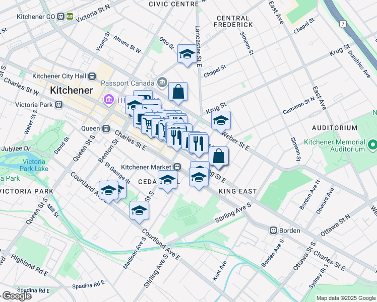 map of restaurants, bars, coffee shops, grocery stores, and more near 388 King Street East in Kitchener
