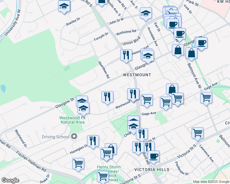 map of restaurants, bars, coffee shops, grocery stores, and more near 60 Inwood Crescent in Kitchener
