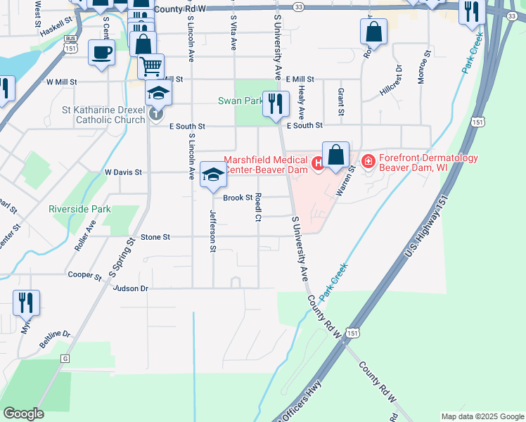 map of restaurants, bars, coffee shops, grocery stores, and more near 307 Roedl Court in Beaver Dam