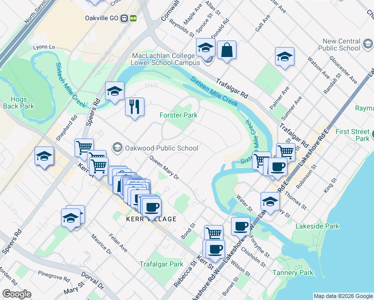 map of restaurants, bars, coffee shops, grocery stores, and more near 45 Crescent Road in Oakville