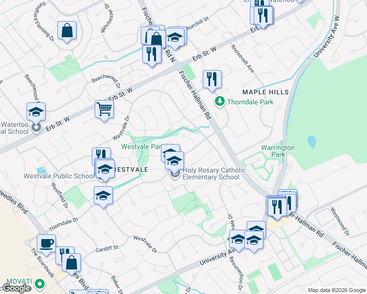 map of restaurants, bars, coffee shops, grocery stores, and more near 468 Appledale Crescent in Waterloo