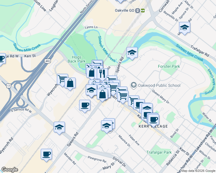 map of restaurants, bars, coffee shops, grocery stores, and more near 55 Speers Road in Oakville