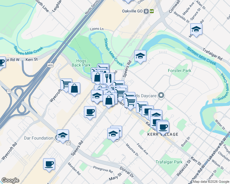 map of restaurants, bars, coffee shops, grocery stores, and more near 1309 Speers Road in Oakville