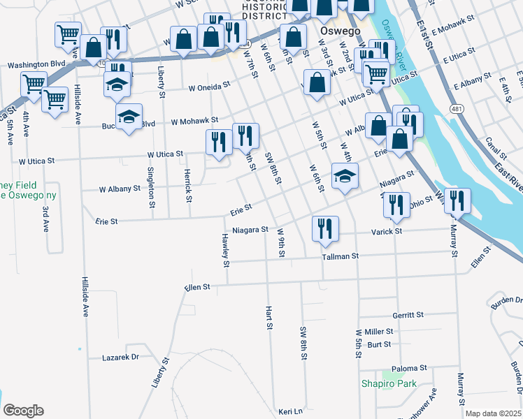 map of restaurants, bars, coffee shops, grocery stores, and more near 114 Erie St in Oswego