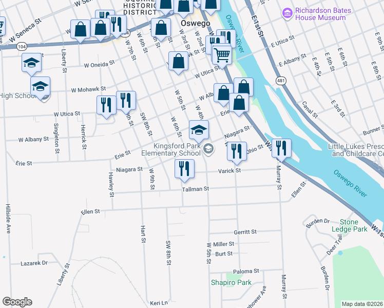 map of restaurants, bars, coffee shops, grocery stores, and more near 70 Niagara Street in Oswego
