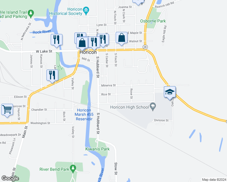 map of restaurants, bars, coffee shops, grocery stores, and more near 420 South Finch Street in Horicon