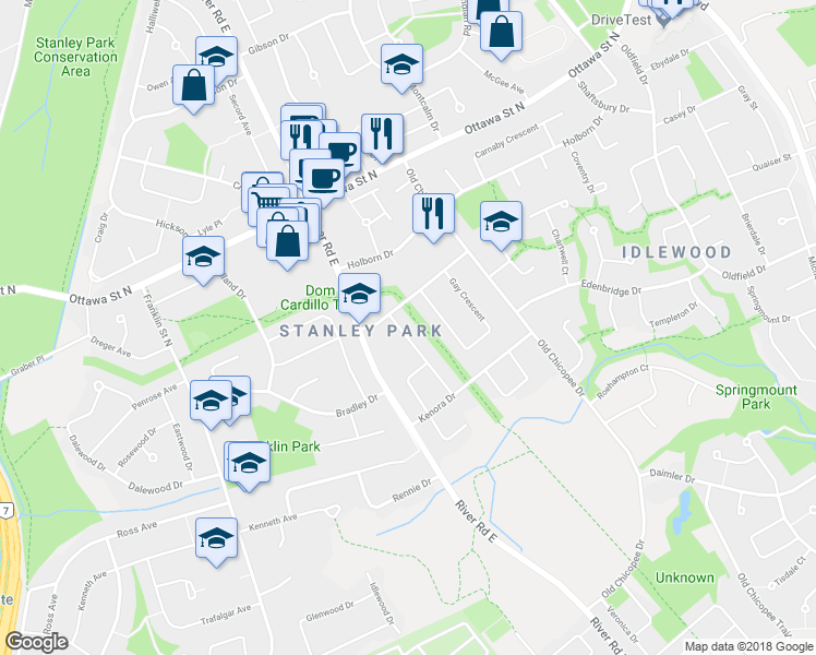 map of restaurants, bars, coffee shops, grocery stores, and more near 14 Wayne Drive in Kitchener