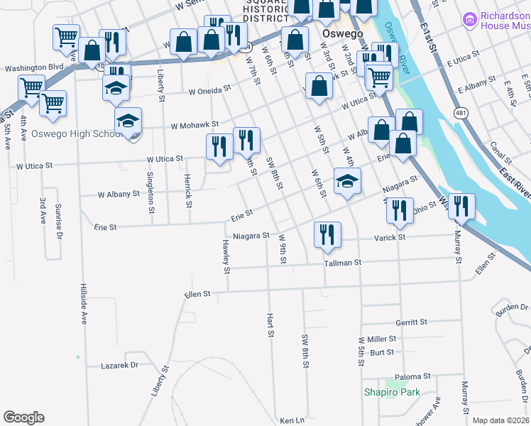 map of restaurants, bars, coffee shops, grocery stores, and more near 114 Erie Street in Oswego