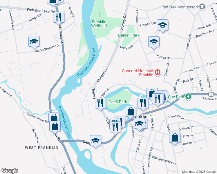 map of restaurants, bars, coffee shops, grocery stores, and more near 168 West Bow Street in Franklin