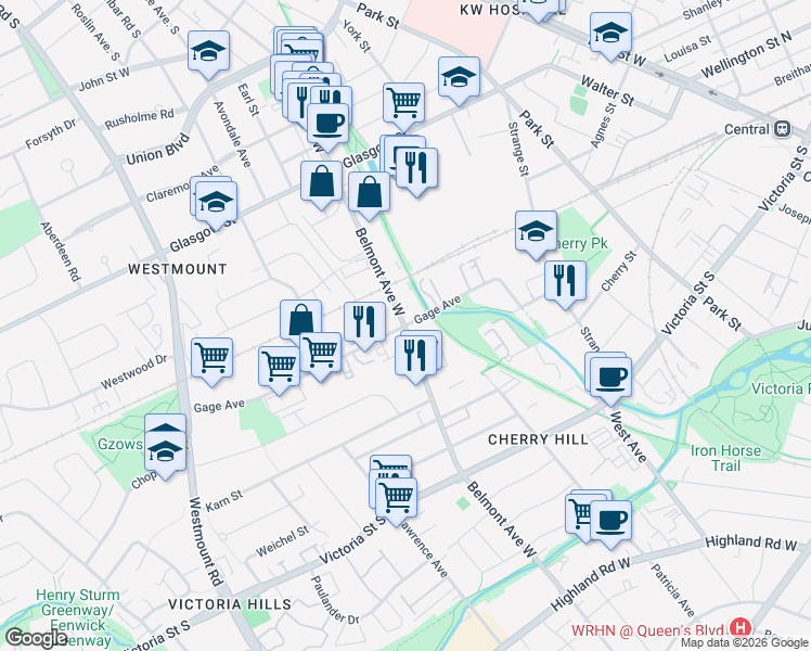 map of restaurants, bars, coffee shops, grocery stores, and more near 135 Gage Avenue in Kitchener