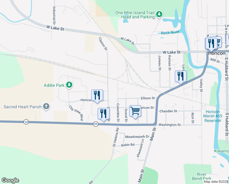 map of restaurants, bars, coffee shops, grocery stores, and more near 504 Columbia St in Horicon