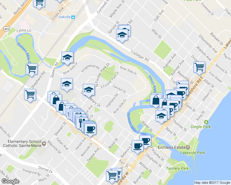 map of restaurants, bars, coffee shops, grocery stores, and more near 55 Highland Road in Oakville