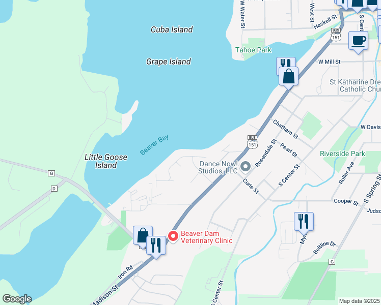 map of restaurants, bars, coffee shops, grocery stores, and more near 202 Baker Boulevard in Beaver Dam