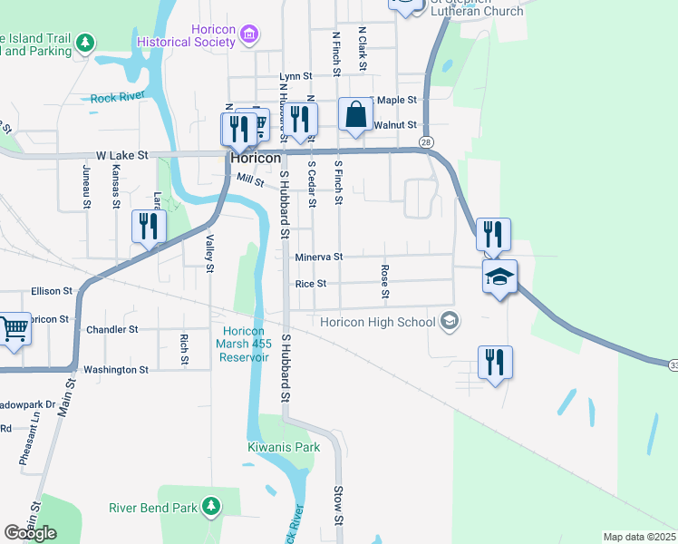 map of restaurants, bars, coffee shops, grocery stores, and more near 420 South Finch Street in Horicon