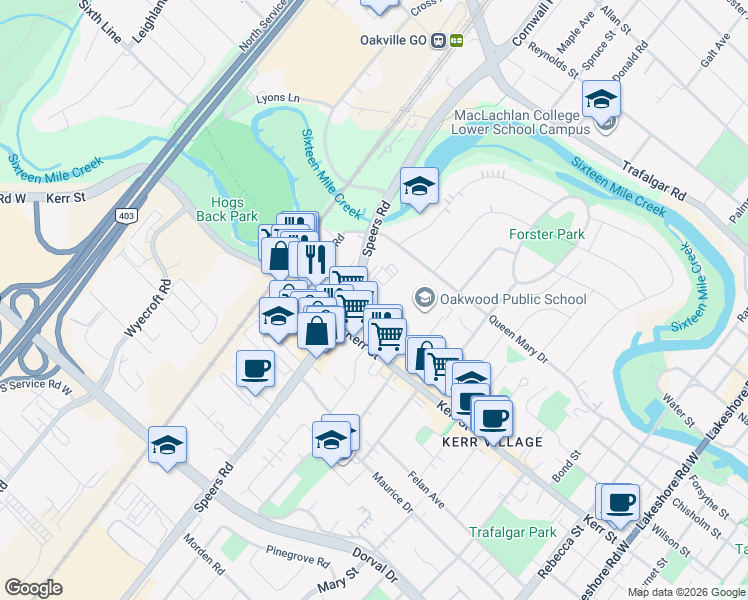 map of restaurants, bars, coffee shops, grocery stores, and more near 50 Speers Road in Oakville