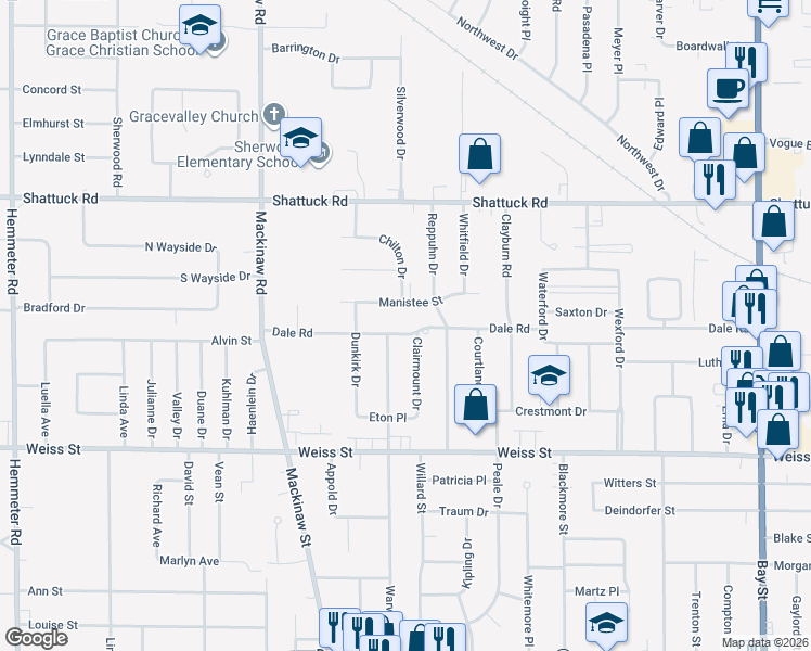 map of restaurants, bars, coffee shops, grocery stores, and more near 3716 Dale Road in Saginaw