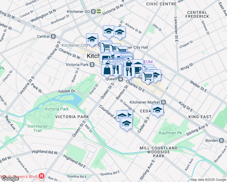 map of restaurants, bars, coffee shops, grocery stores, and more near Saint George Street in Kitchener