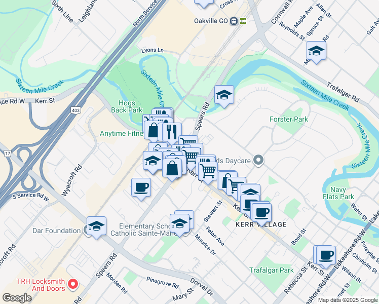 map of restaurants, bars, coffee shops, grocery stores, and more near 55 Speers Road in Oakville