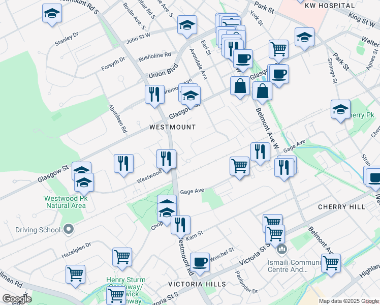 map of restaurants, bars, coffee shops, grocery stores, and more near 70 Katherine Crescent in Kitchener