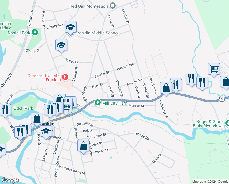map of restaurants, bars, coffee shops, grocery stores, and more near 32 Chestnut Street in Franklin