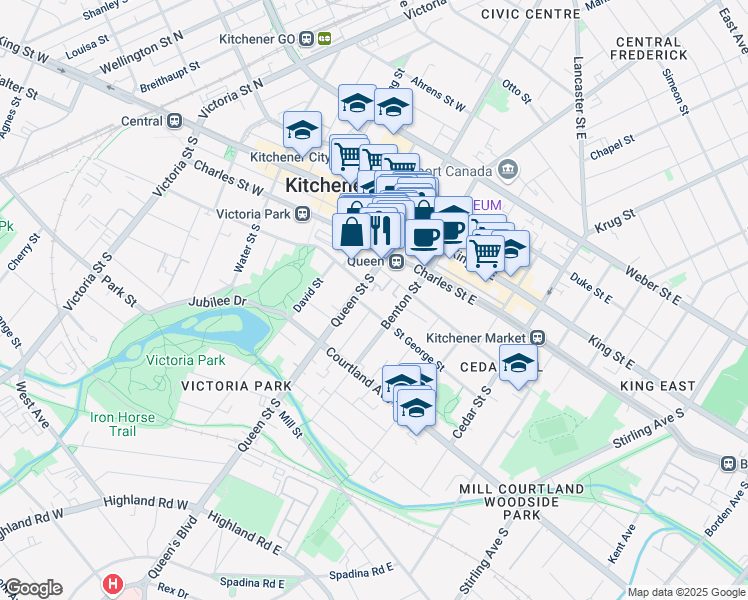 map of restaurants, bars, coffee shops, grocery stores, and more near in Kitchener