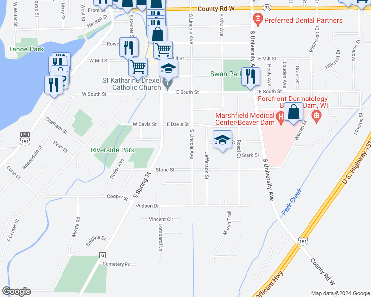 map of restaurants, bars, coffee shops, grocery stores, and more near 804 South Lincoln Avenue in Beaver Dam
