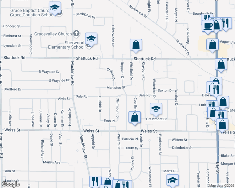 map of restaurants, bars, coffee shops, grocery stores, and more near 3716 Dale Road in Saginaw