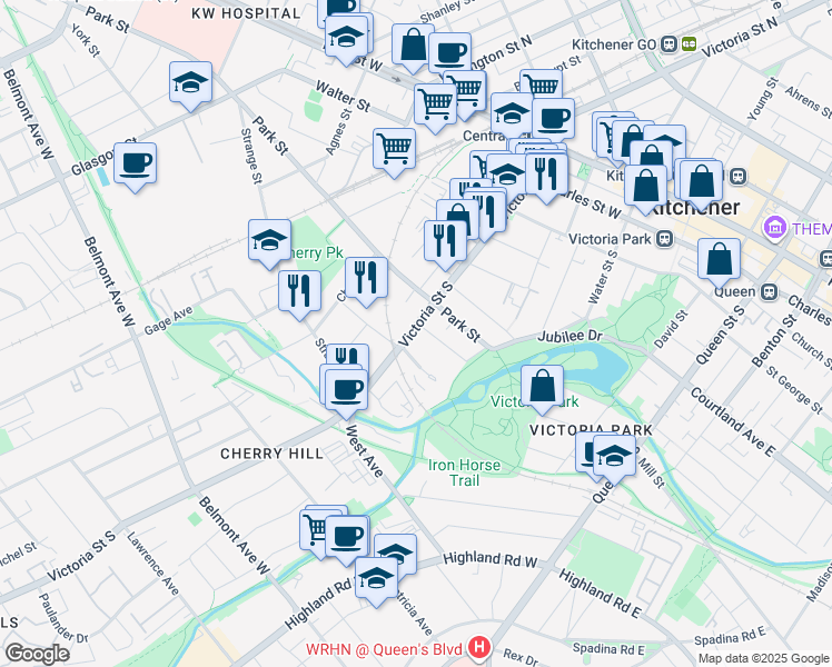 map of restaurants, bars, coffee shops, grocery stores, and more near 193 Victoria Street South in Kitchener