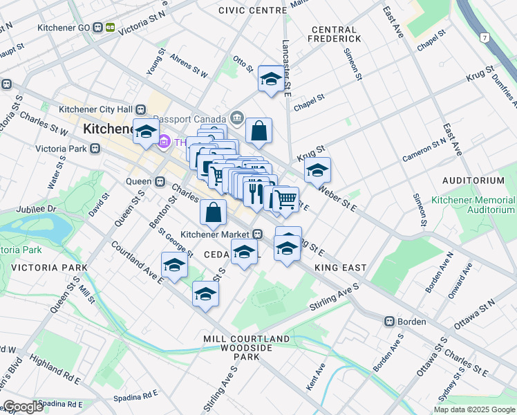 map of restaurants, bars, coffee shops, grocery stores, and more near in Kitchener