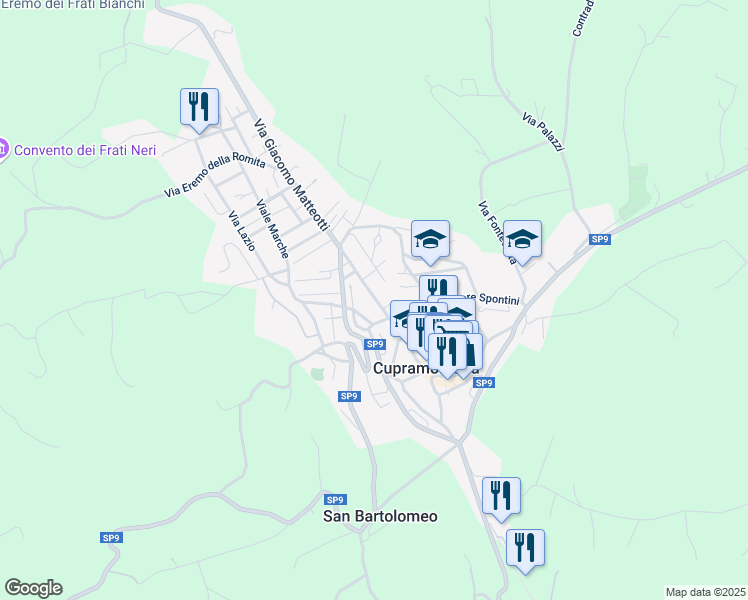 map of restaurants, bars, coffee shops, grocery stores, and more near 147 Via Giacomo Matteotti in Cupramontana