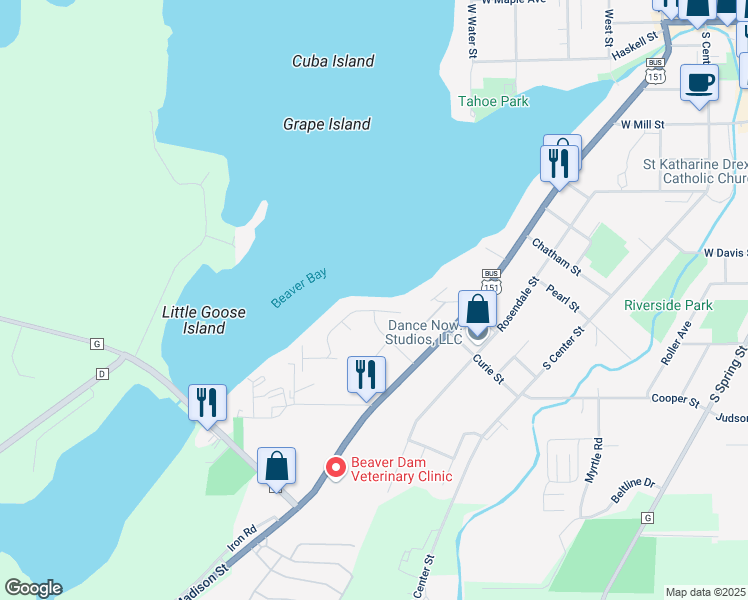 map of restaurants, bars, coffee shops, grocery stores, and more near 202 Baker Boulevard in Beaver Dam