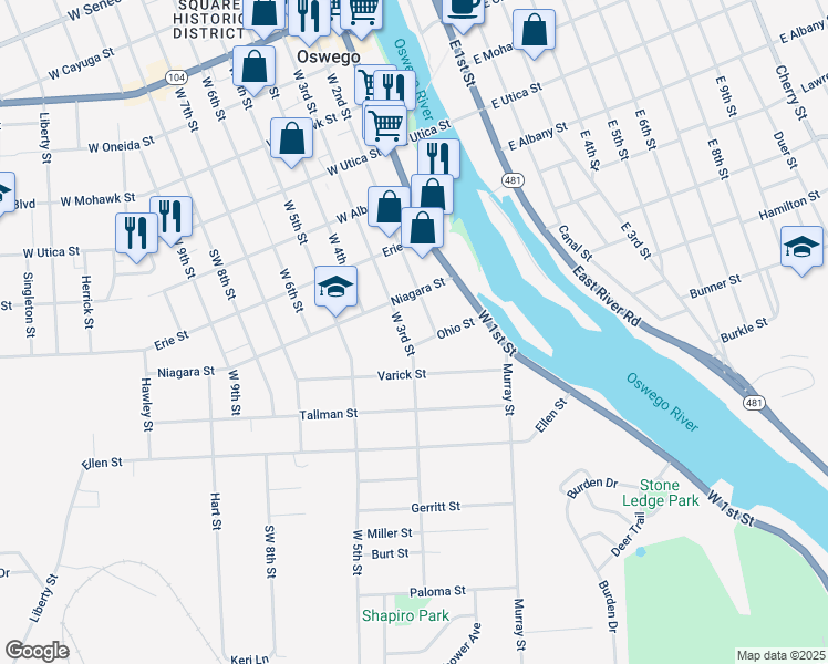 map of restaurants, bars, coffee shops, grocery stores, and more near 314 West 2nd Street in Oswego