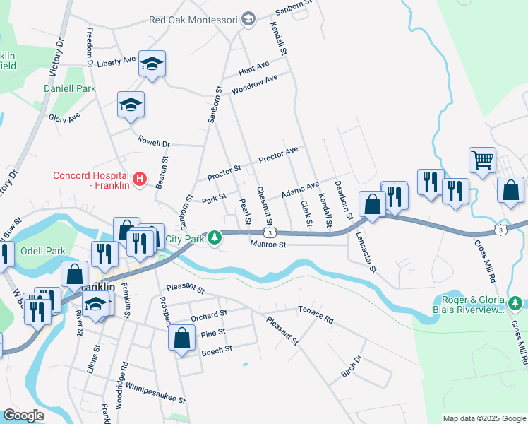 map of restaurants, bars, coffee shops, grocery stores, and more near 32 Chestnut Street in Franklin