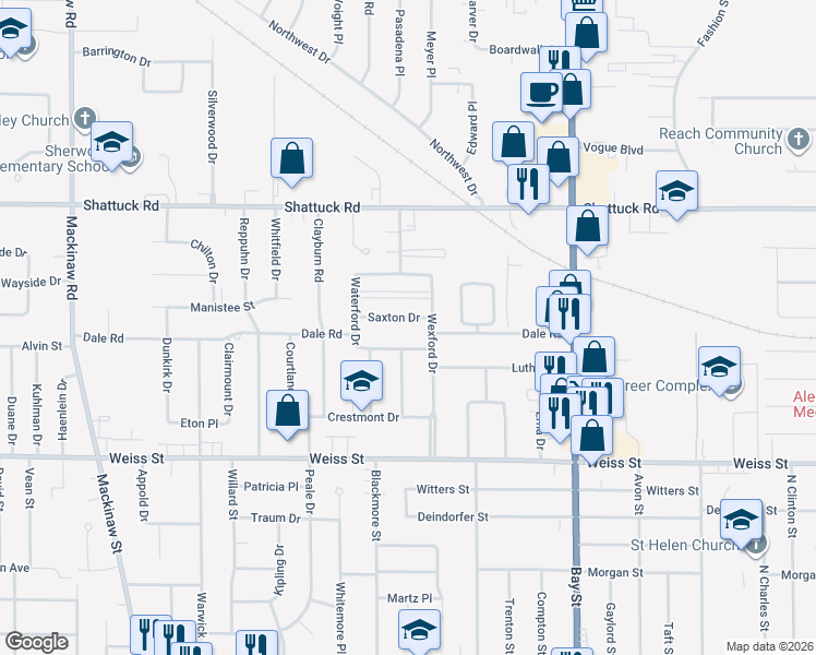 map of restaurants, bars, coffee shops, grocery stores, and more near 3325 Saxton Drive in Saginaw