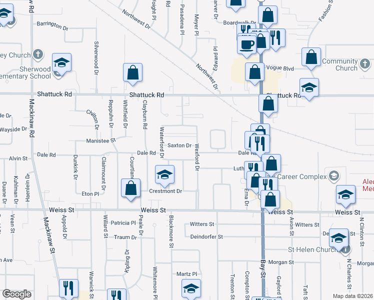 map of restaurants, bars, coffee shops, grocery stores, and more near 3325 Saxton Drive in Saginaw
