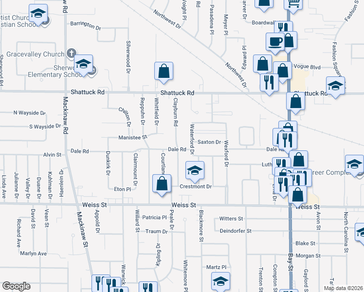map of restaurants, bars, coffee shops, grocery stores, and more near 3480 Dale Road in Saginaw