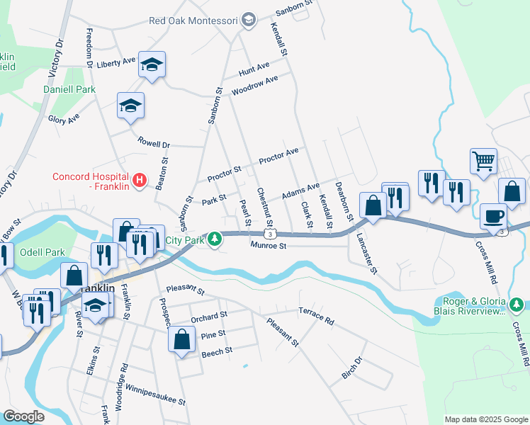 map of restaurants, bars, coffee shops, grocery stores, and more near 32 Chestnut Street in Franklin