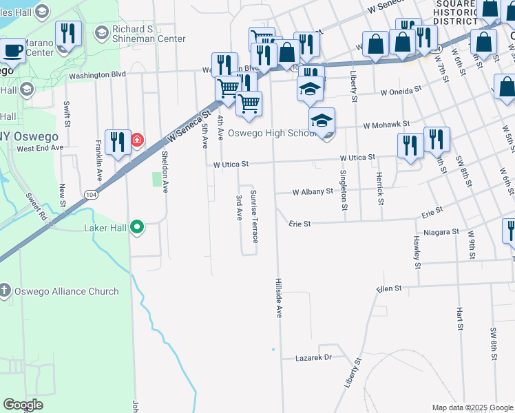 map of restaurants, bars, coffee shops, grocery stores, and more near 7 Sunrise Terrace in Oswego