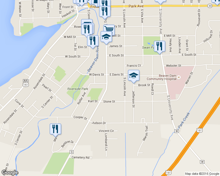 map of restaurants, bars, coffee shops, grocery stores, and more near 807 South Spring Street in Beaver Dam